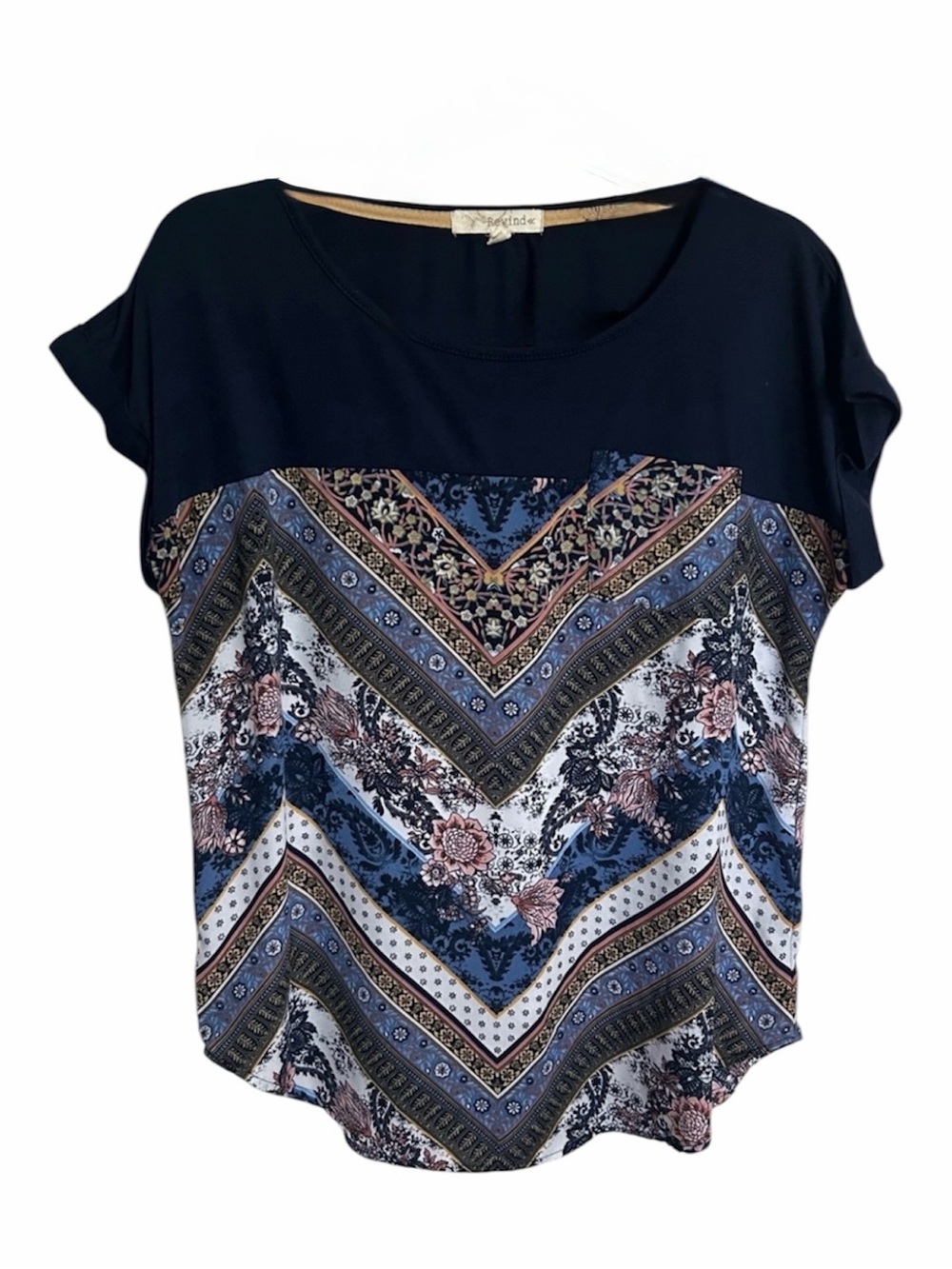 ❤️5 FOR $25❤️ Rewind Juniors Navy Floral Chevron Short Sleeve Top Size L